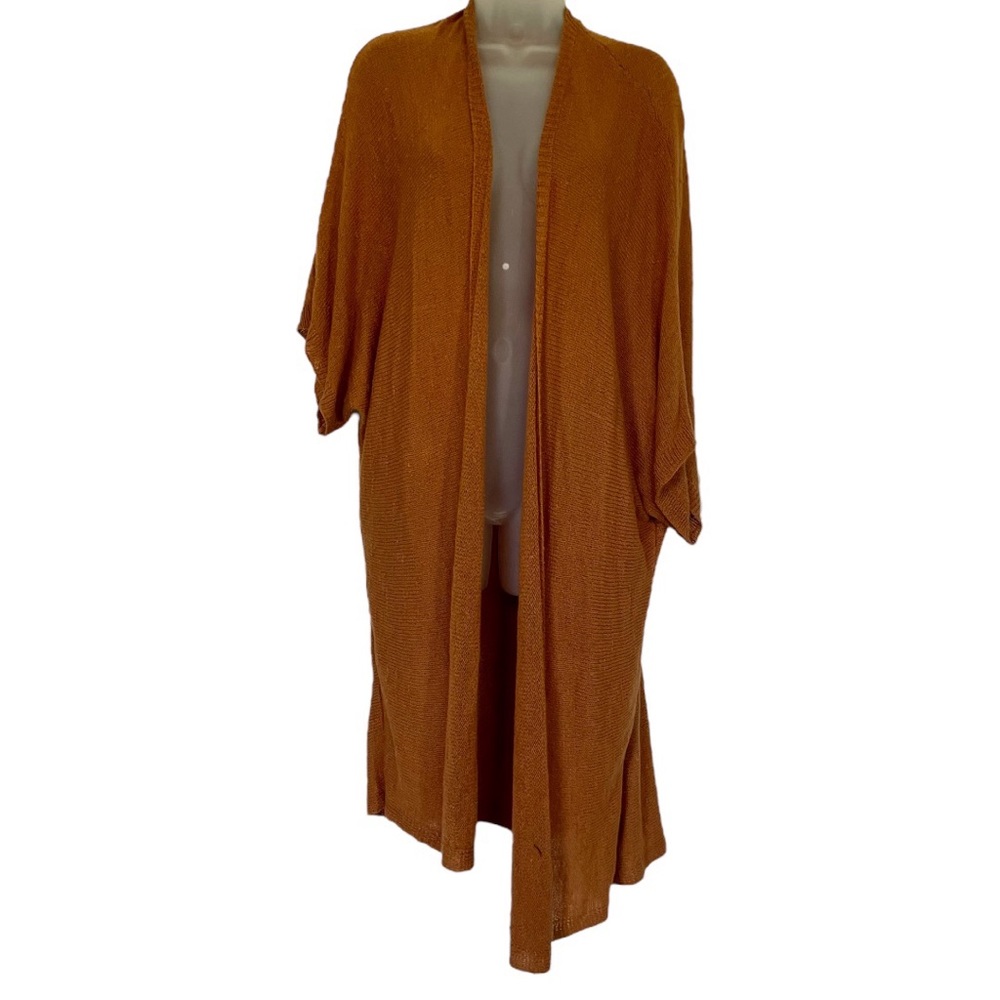 Cinnamon Orange Long Knit Cardigan Sweater Open Front Layers L Fall Pumpkin